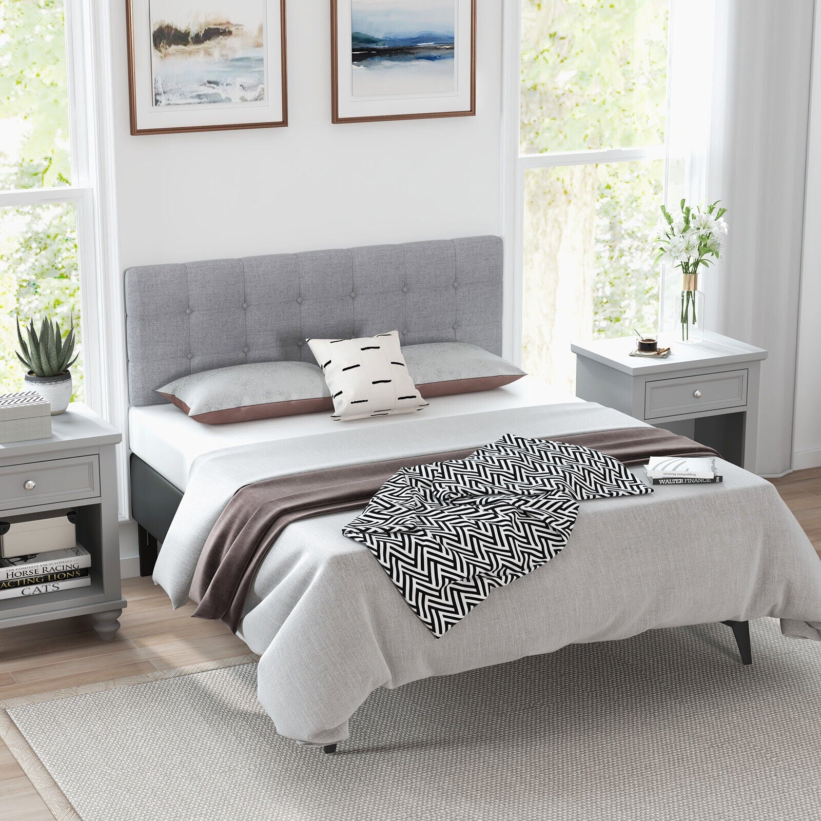 Full Queen Sized Modern Tufted Fabric Covered Head Board