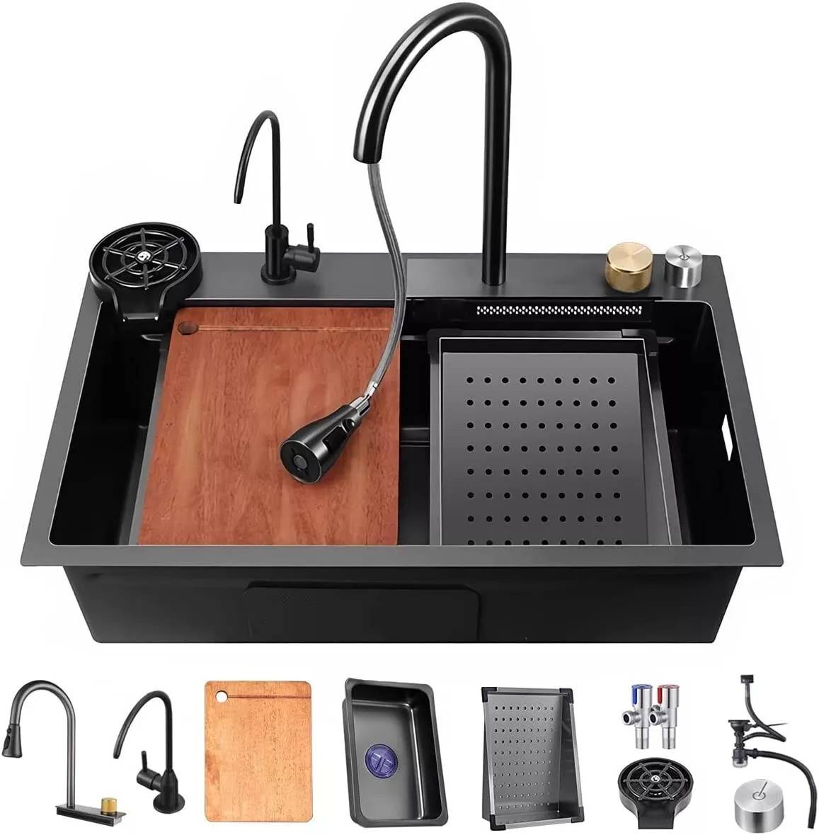 Kitchen Sink Stainless Steel W Pulldown Faucet Black 29