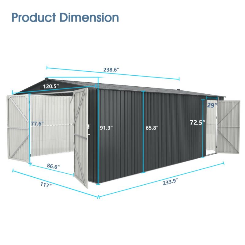 Heavy Duty Car Garage Galvani Steel Storage Outdoor Prefab Shed 20'x10'ft Metal