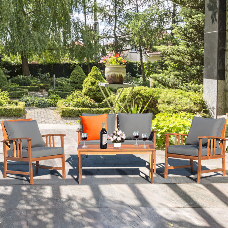 4 Pieces Wooden Patio Furniture Set Table Sofa Chair Cushioned Garden Outdoor