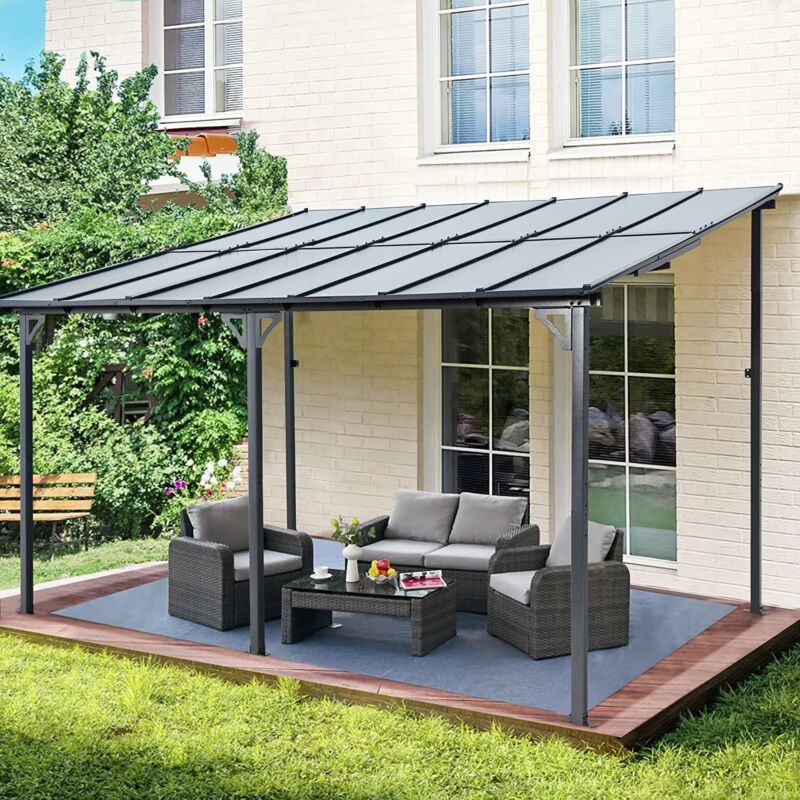 Patio Metal Pergola Gazebo Wall-Mounted Shelter Rectangle W/ Hard Top
