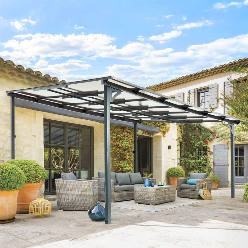 Patio Metal Pergola Gazebo Wall-Mounted Shelter Rectangle W/ Hard Top